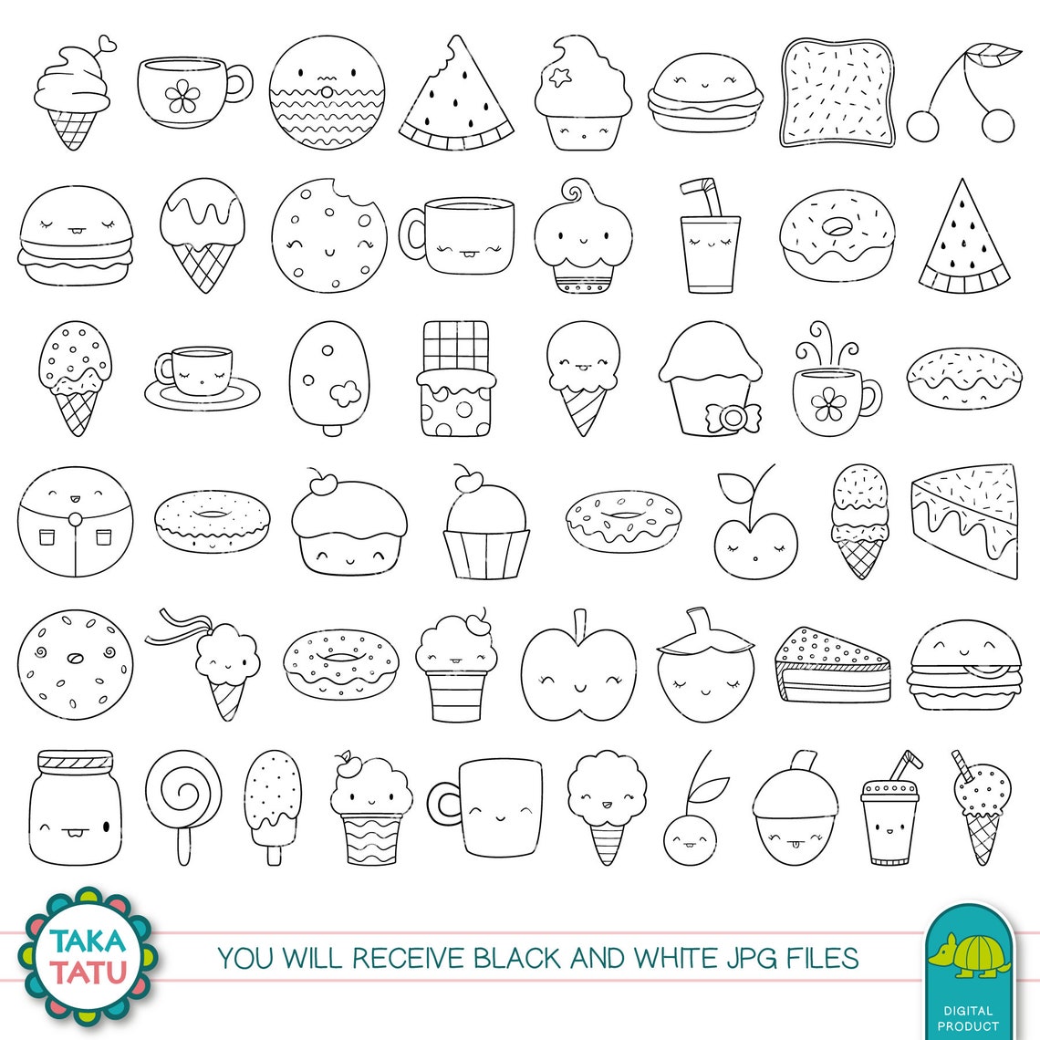 Cute Foods Digital Stamp Pack Hand Drawn Black and White - Etsy