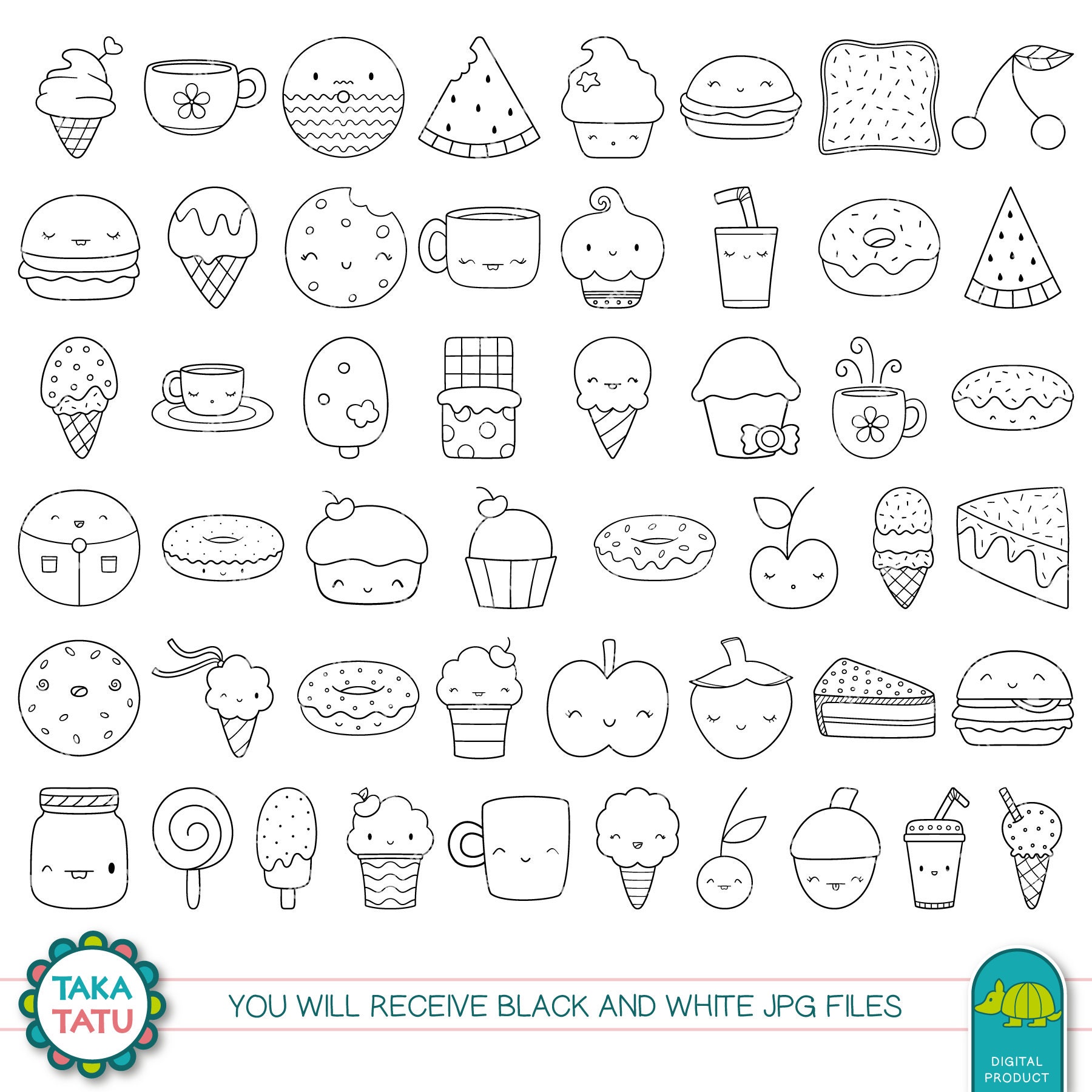 Cute Foods Digital Stamp Pack Hand Drawn Black and White | Etsy