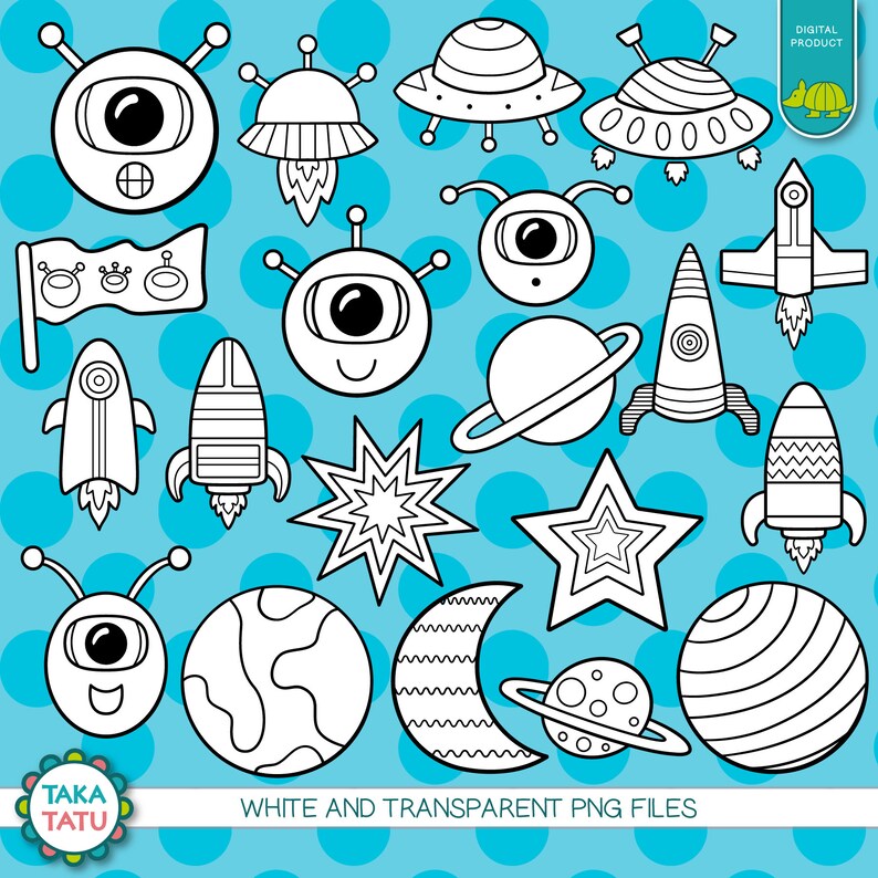 May include: A set of 16 black and white space-themed clip art images. The images include aliens, spaceships, planets, stars, and a crescent moon. The images are on a blue background with white polka dots.