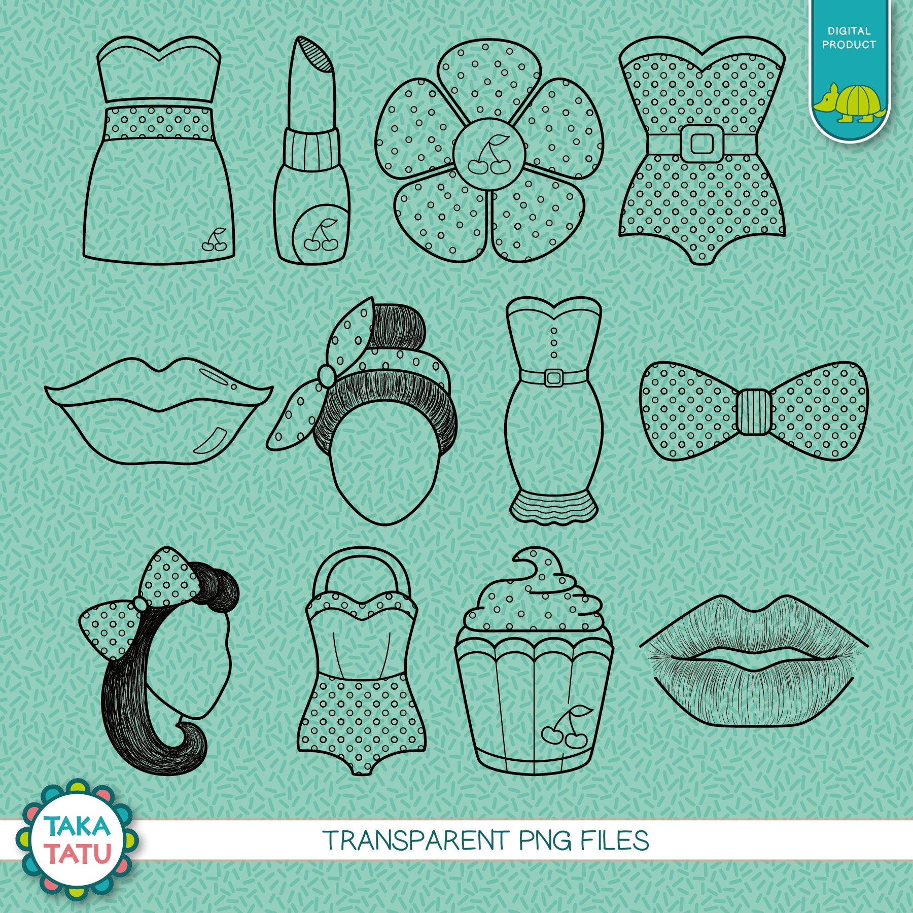 Vintage Cherry Digital Stamp Pack - Black and White Clip Art / Pinup ...