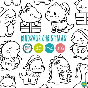 Dinosaur Christmas Clipart - Cute Hand Drawn Black and White Dinosaur Line Art Digital Stamps