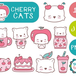 Cherry Cats Cute Colorful Clipart Set - Cute Cats Digital Illustration / Cat and Fruit / Cute Cherry Doodles / Pink Clipart Set