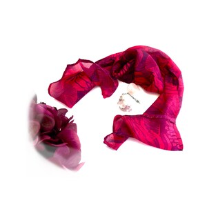 Silk scarf, small. Floaty. Red, aubergine. Clover flowers. Botanical autumn gift for her.