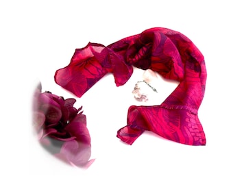 Silk scarf, floaty. Red and aubergine. Clover flowers design. Botanical autumn look for her.