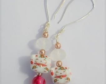 Pretty Chinese Panda Earrings in white, pink and red - perfect for Christmas. Non tarnish silver earrwires and semiprecious red beads