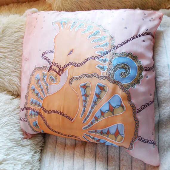 Silk cushion cover, pink and peach.  Magical sea creatures theme. Seahorse. Ocean scene.