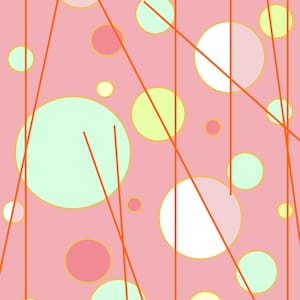 Puede incluir: Arte digital abstracto con un fondo rosa que presenta círculos de varios tamaños y colores, incluyendo blanco, verde claro, amarillo y rosa. Finas líneas naranjas intersectan los círculos, creando un patrón dinámico.