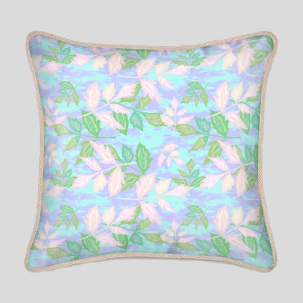 Coussin en soie Quiet Lake avec galon, carré 40 cm, rose, lilas, turquoise, vert. Duvet, image de tiges de feuilles emportées par le vent.