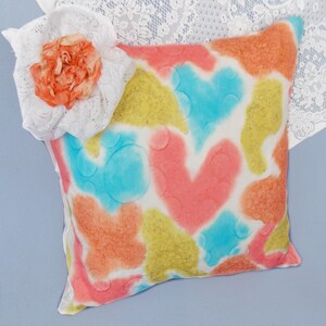 Champagne Hearts silk cushion cover 40cmsq.zipped. Shabby chic style for women and teenage girls bedrooms. Bubbly fun! Blue and orange.