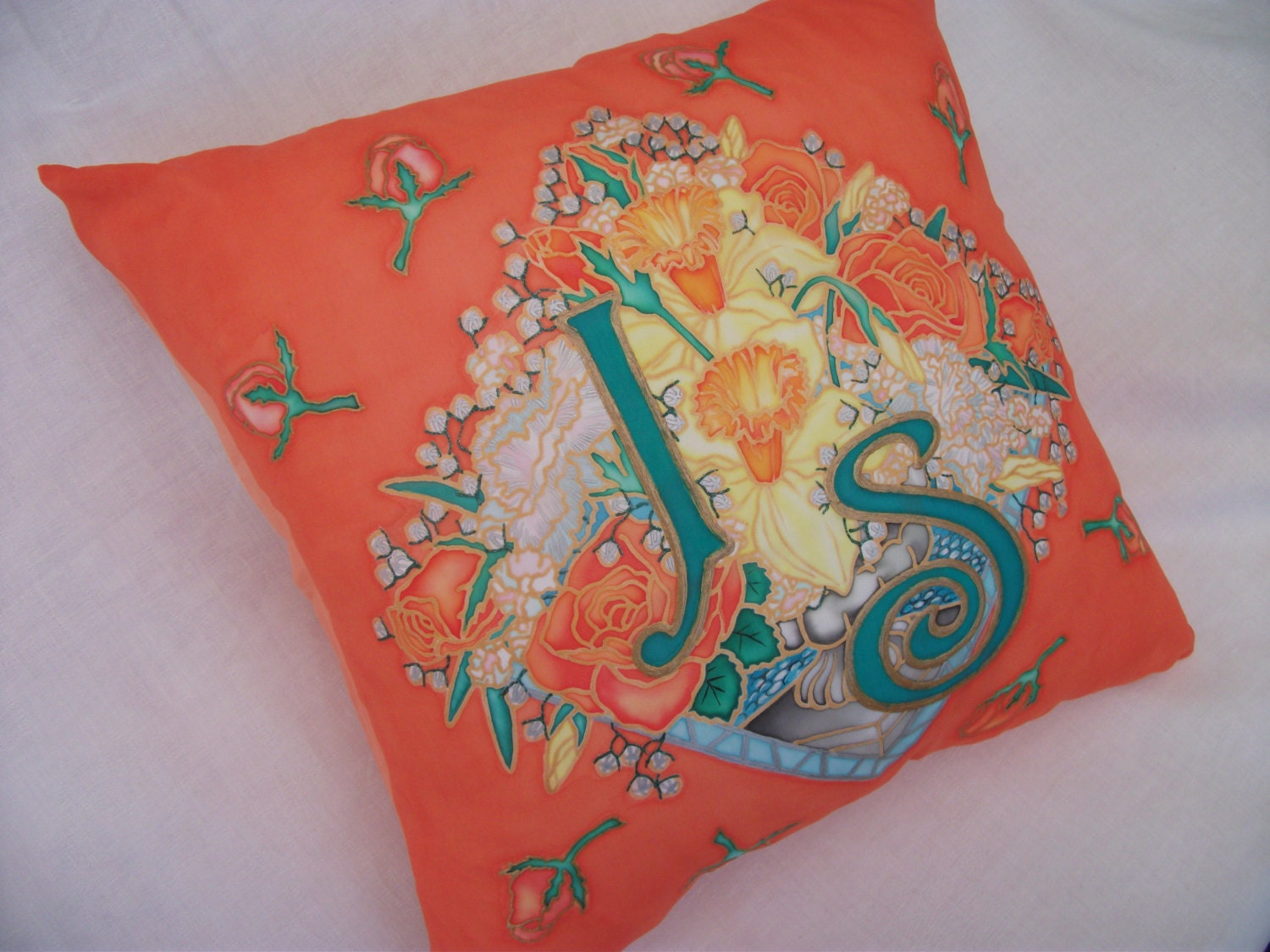 Rose Garden in Orange Silk Cushion Cover 40cm Sq. Zipped. Etsy