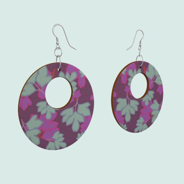 Gorgeous Wooden Earrings in Midnight pattern. Printed on one surface with fabulous oriental leaves design in blue, violet, mauve, and pink.