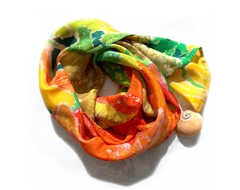 Batik Silk Rayon Scarf: Long Floaty Sarong with Cat & Floral Design