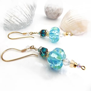 Bridal earrings. Pale blue spotted glass pumpkins. Ethiopian opals, AB crystals, brass. Wedding jewellery.