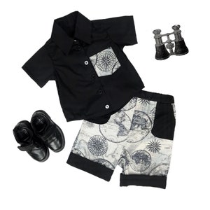 Little Night Ocean Sail North Map Button Down Dress Shirt (schwarzes Shirt) navy anchor Shorts Set
