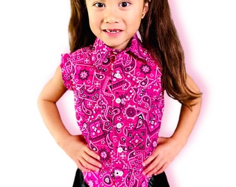 Cowgirl “fun in the sun” Pink Bandanna  Button Down Collared Shirt with (short) ruffle sleeves