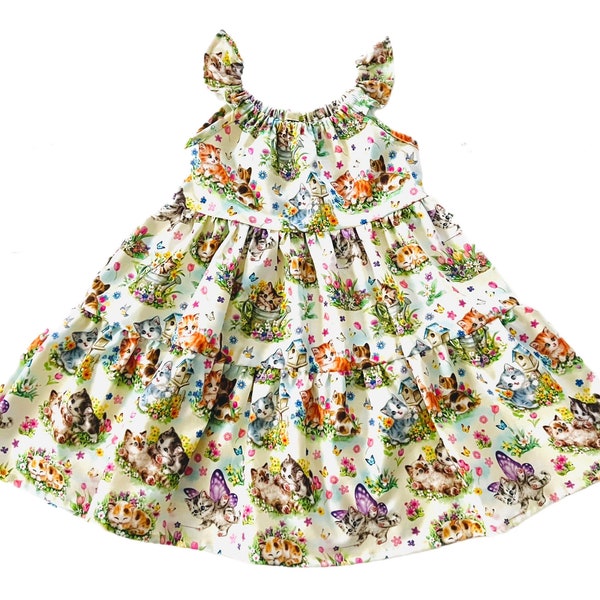 Kitty butterfly fantasy garden (Gathered) Dress with back tie and ruffled sleeves