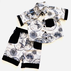 Little Ocean Sail North Map Button Down Dress Shirt (blau oder weiß) navy anchor Shorts Set
