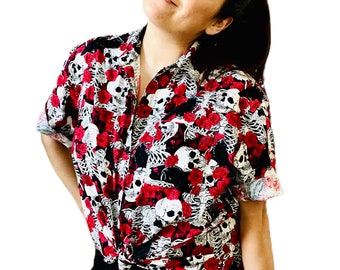 Skull and Roses casual women’s button up shirt