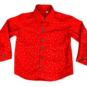 May include: A red long-sleeved button-down shirt with a white star pattern.