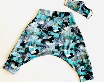 Teal starry Camo drop crotch pants with Matching Face Mask Set