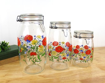 Set of 3 Arcoroc France Poppy Jar with Snap Lid | Floral Storage Jars | F354