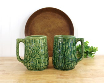 2 Vintage McCoy Green Morning Glory Stoneware Mugs | F331