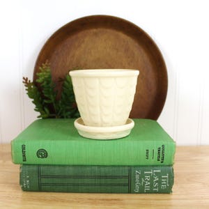 May include: A cream-colored ceramic plant pot with a matching saucer, featuring a repeating vertical scalloped or shell-like embossed pattern on the exterior. The pot has a wide, flared rim and a tapered base, sitting atop two stacked green books.