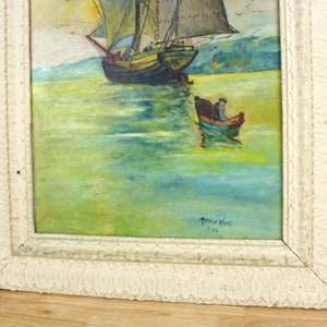 Vintage Original Moody Nautical Painting Sailboat Signed by Marvin Koski E542 image 3
