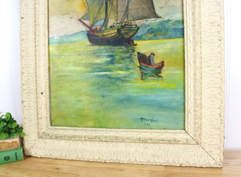 Vintage Original Moody Nautical Painting Sailboat Signed by Marvin Koski E542 image 3