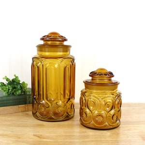 Vintage LE Smith Moon & Stars Canisters 11.5'' and 7'' | Mid Century Amber Glass | F347