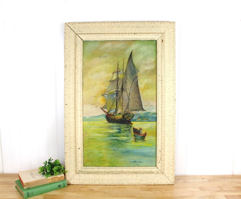 Vintage Original Moody Nautical Painting Sailboat Signed by Marvin Koski E542 image 1