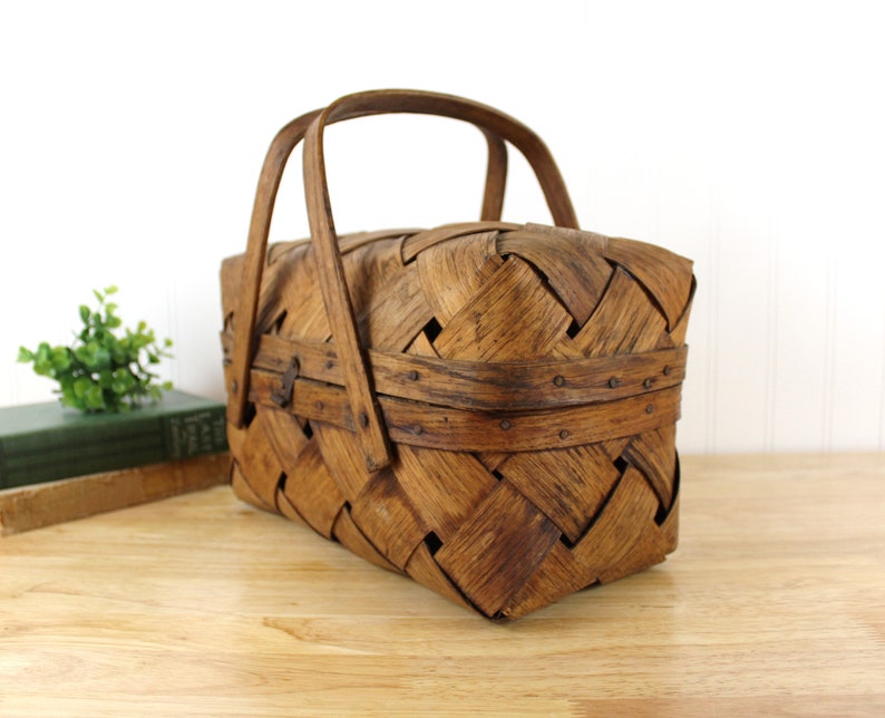 Early Primitive Splint Wood Basket Hinged Market Lunch Basket F341 image 3