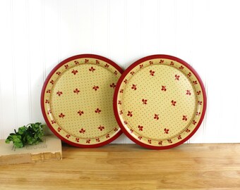 2 Farmhouse Red Metal Trays  / 11.5'' Red Polka Dot Vintage Kitchen Trays / D603