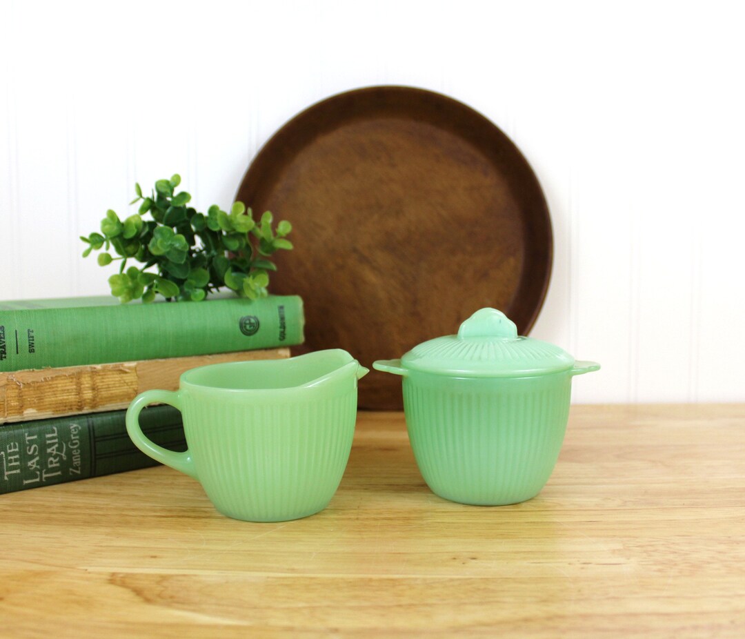 Fire King Jane Ray Jadeite Sugar & Creamer With Lid Vintage Jadeite