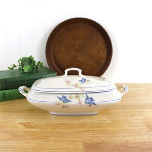 May include: An oval ceramic tureen with a lid, featuring a cream-colored base, blue horizontal pinstripes, and a delicate floral pattern with small blue birds. The tureen has two side handles and a central handle on the lid for easy lifting.