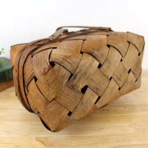 Early Primitive Splint Wood Basket Hinged Market Lunch Basket F341 image 10