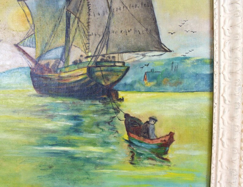 Vintage Original Moody Nautical Painting Sailboat Signed by Marvin Koski E542 image 4