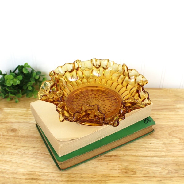 Vintage Amber Fenton Ruffled Dish | Thumbprint Ruffled Bowl | E189