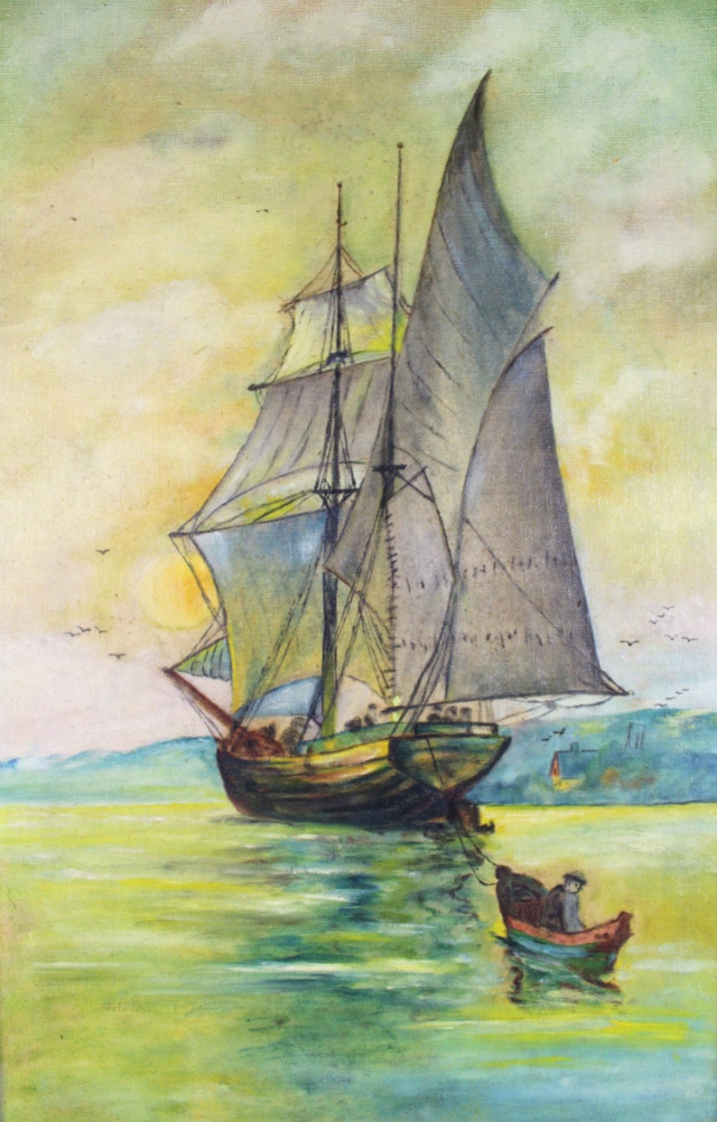 Vintage Original Moody Nautical Painting Sailboat Signed by Marvin Koski E542 image 2