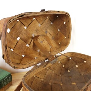 Early Primitive Splint Wood Basket Hinged Market Lunch Basket F341 image 7