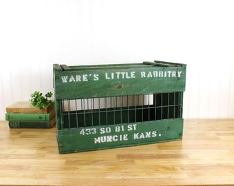 Vintage Farmhouse Wooden Rabbit Crate | Primitive Green Box | E787