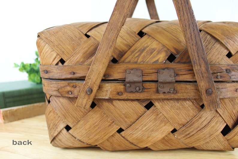 Early Primitive Splint Wood Basket Hinged Market Lunch Basket F341 image 5