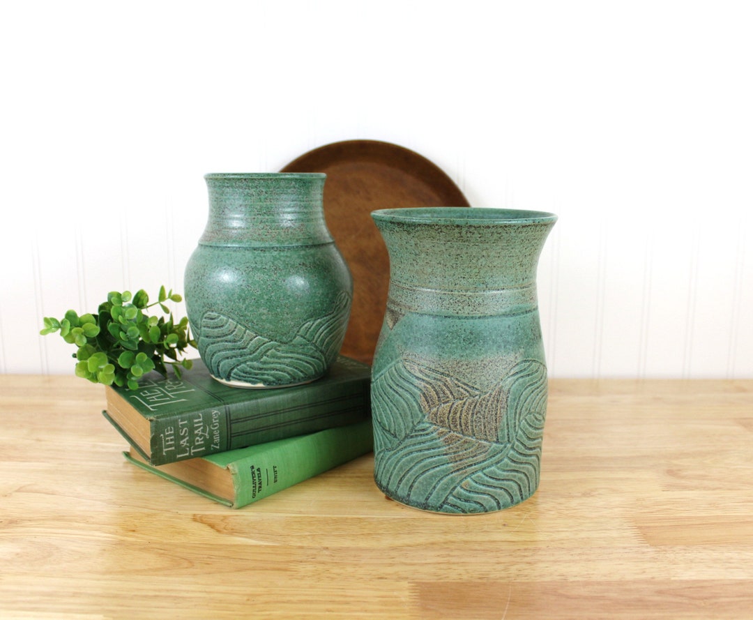 Vase En Grès Céramique – Fait Main – Couverte Bleu Et Vert – Pièce Unique