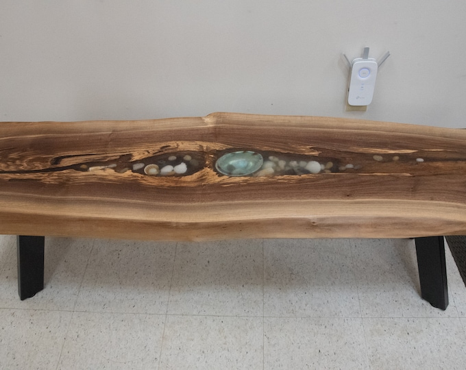 Black walnut table or bench with sea shells and epoxy resin, tp22-181