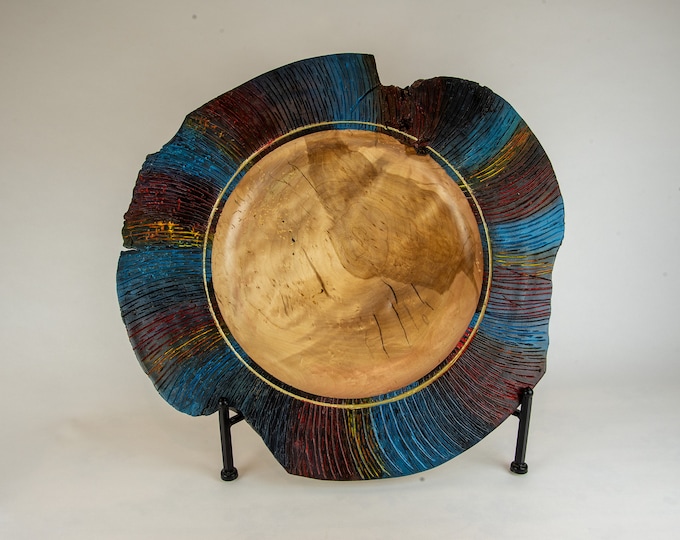 platter, wood platter, kitchen platter, Live edge platter, carved and dyed yellow birch burl, tp9