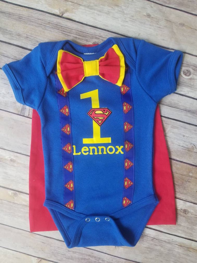 Boys birthday Boys Superman Birthday Outfit Superhero cape Boys first birthday outfit superman MizThings superhero party outfit