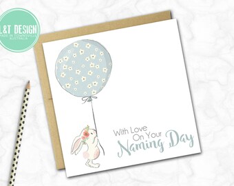 Naming Day Card {Blue Balloon Bunny}