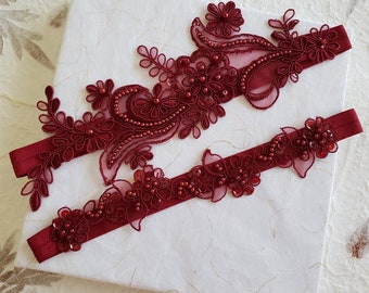 Wedding garter set,Burgundy Garter, Garter Burgundy,Bridal garters Burgundy ,bridal garter,Floral lace garter,Garter Set Burgundy garter set