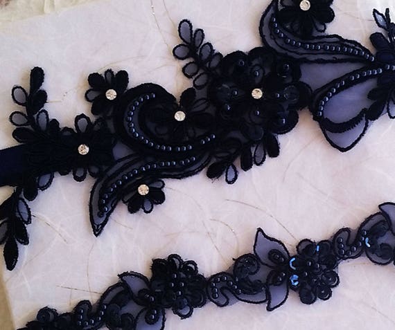Garter,Wedding garter set, Navy blue Garter, Rhinestone blue Garter, Bridal garters Navy blue ,bridal garter,Floral lace garter,Garter Set
