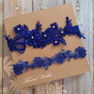 Wedding garter set, Royal Blue Garter, Rhinestone Royal Blue Garter, Bridal garters royal blue,bridal garter,Floral lace garter,Garter Set